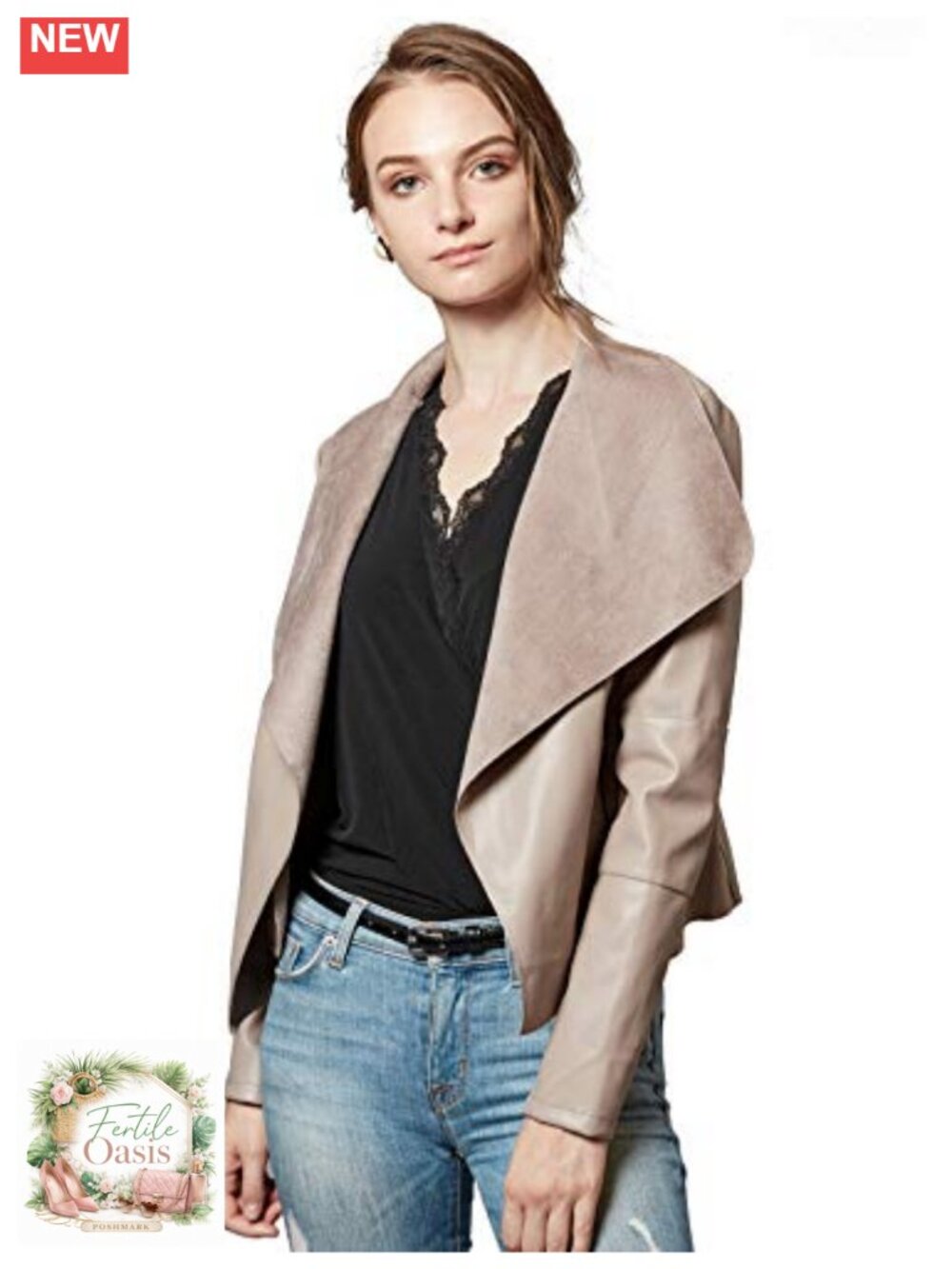 Women's Faux Leather Jacket Slim Open Front Lapel Blazer